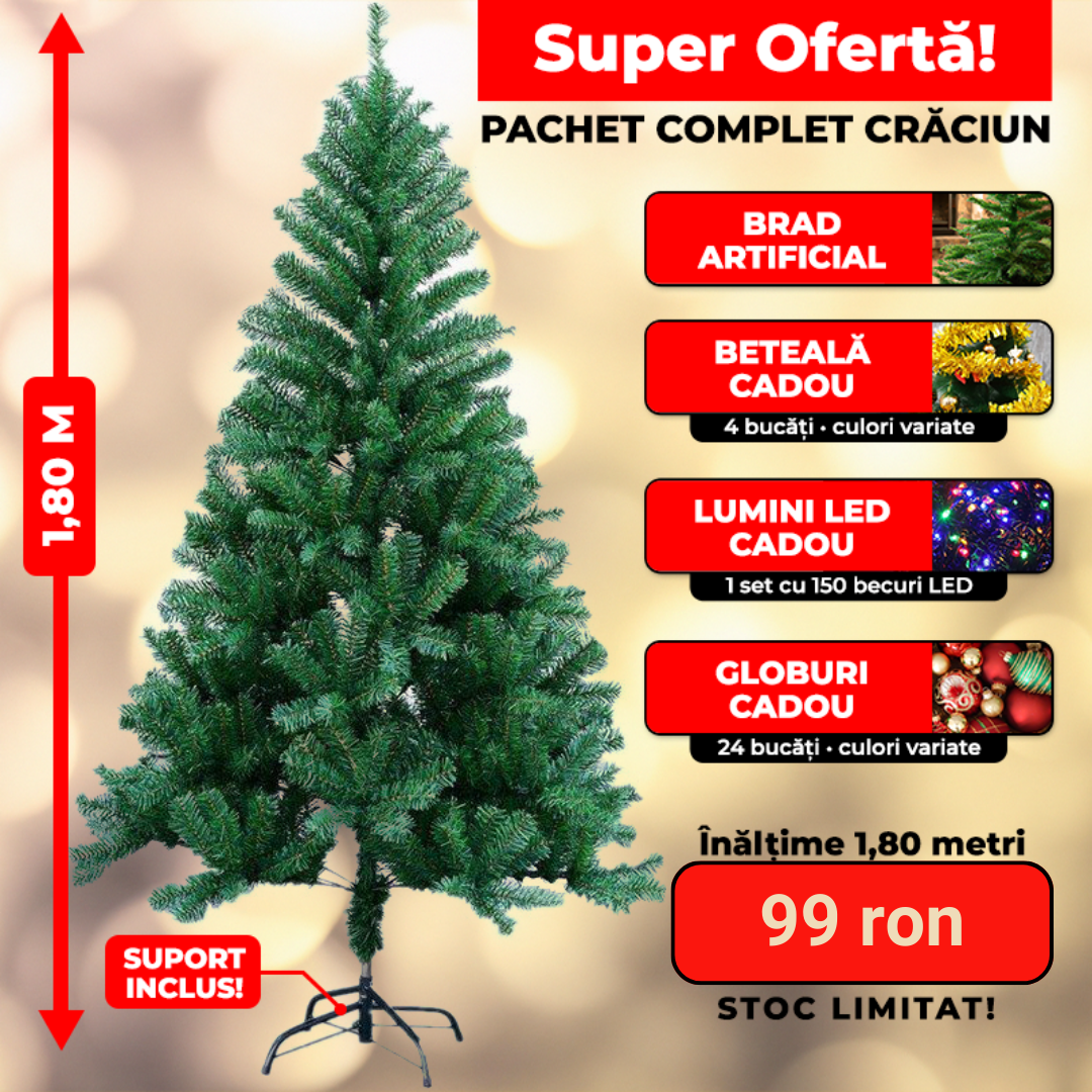 BRAD ARTIFICIAL IMPODOBIT - 1.80M + 4 BUC BETEALA 2M + 24 GLOBURI + INSTALATIE 100LED + SUPORT