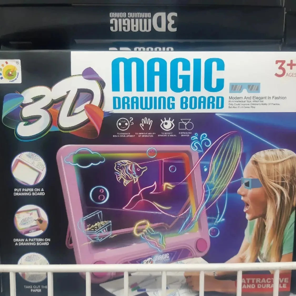 Tabletă magică pentru desen "Magic 3D Drawing Board", efecte de iluminare, modele de desen cu dinozauri, 4 pixuri colorate, dezvoltă creativitatea și imaginația