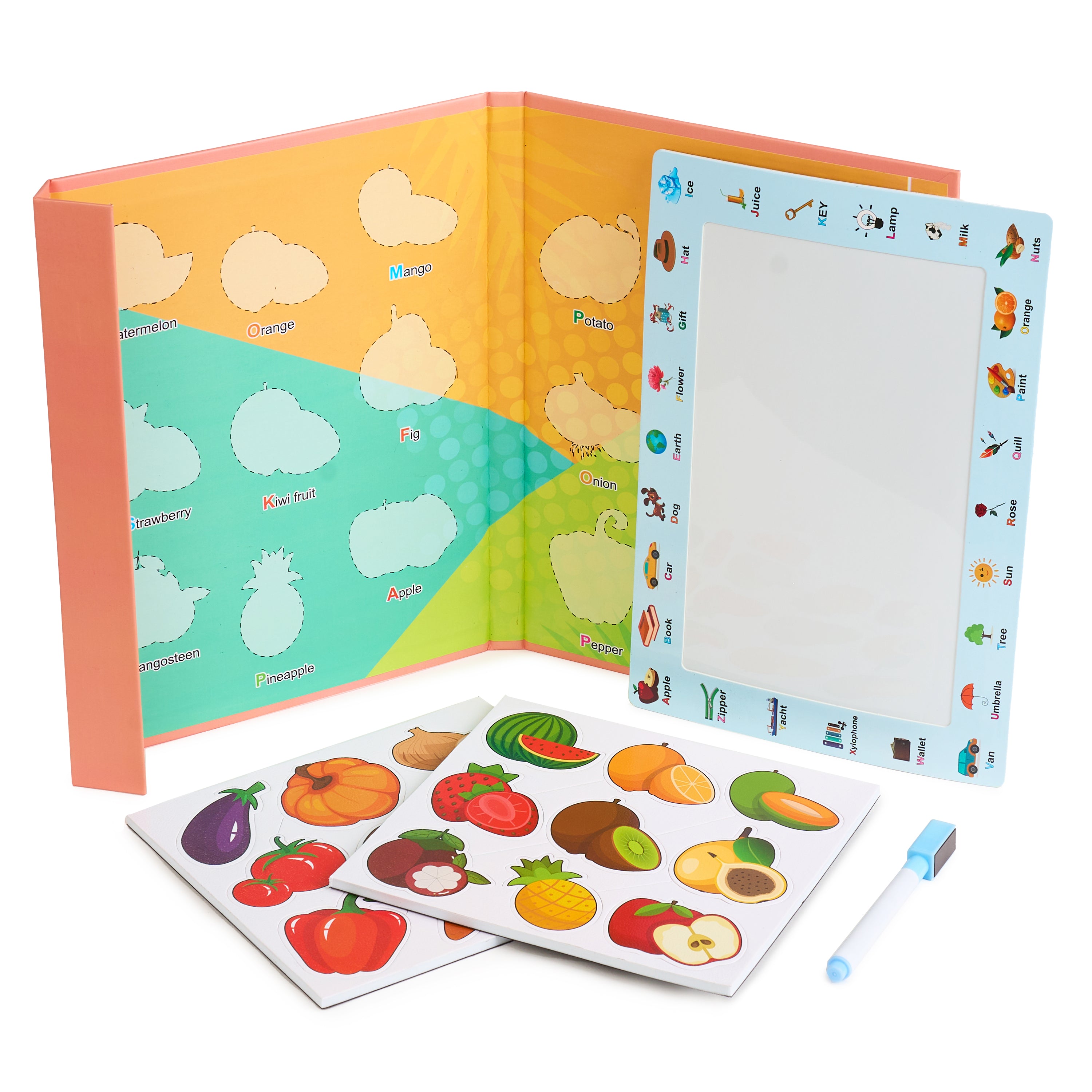 Set educativ pentru invatarea alfabetului, 4 tematici, cu carte magnetica si activitati, piese puzzle si tablita de scris magnetica cu marker inclus