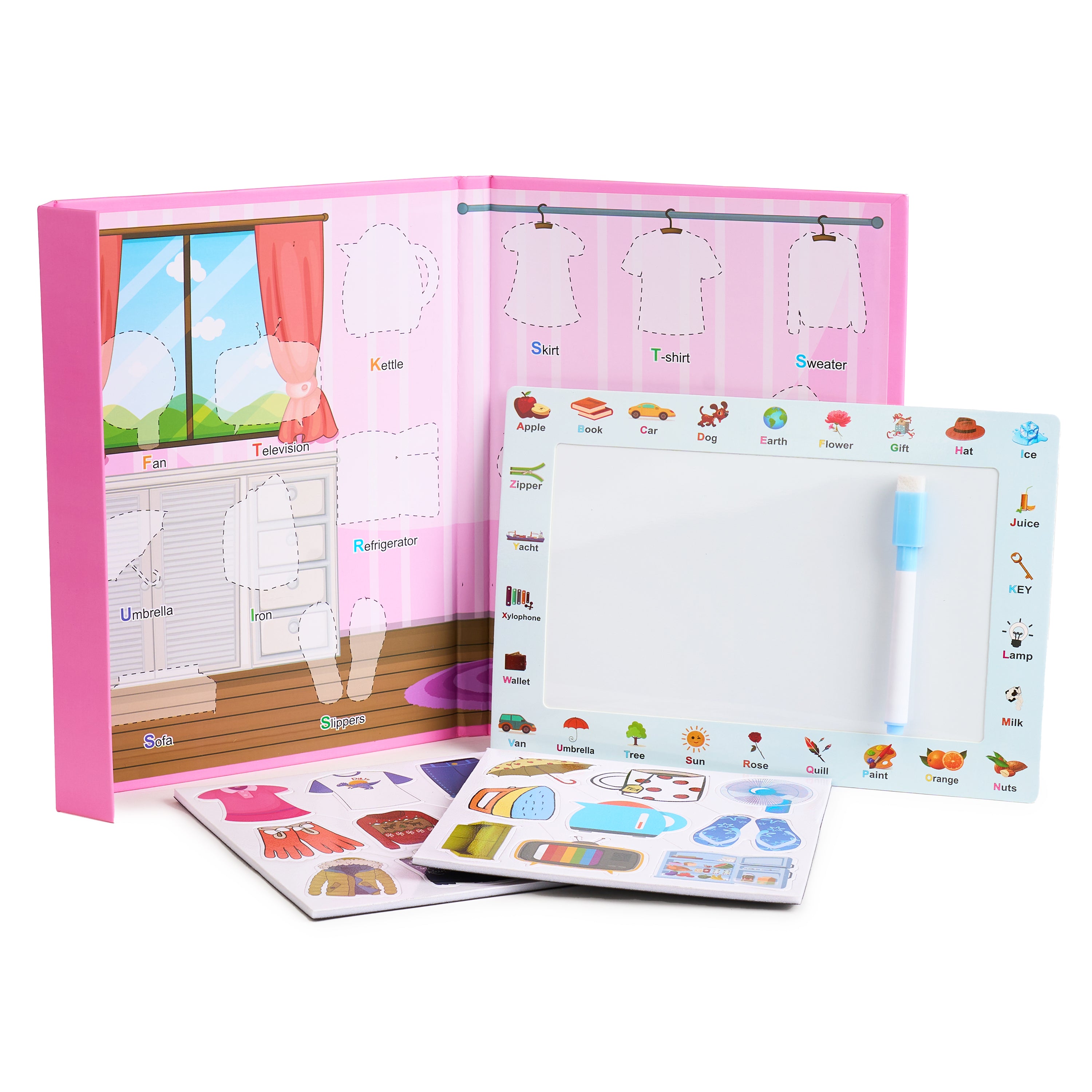 Set educativ pentru invatarea alfabetului, 4 tematici, cu carte magnetica si activitati, piese puzzle si tablita de scris magnetica cu marker inclus