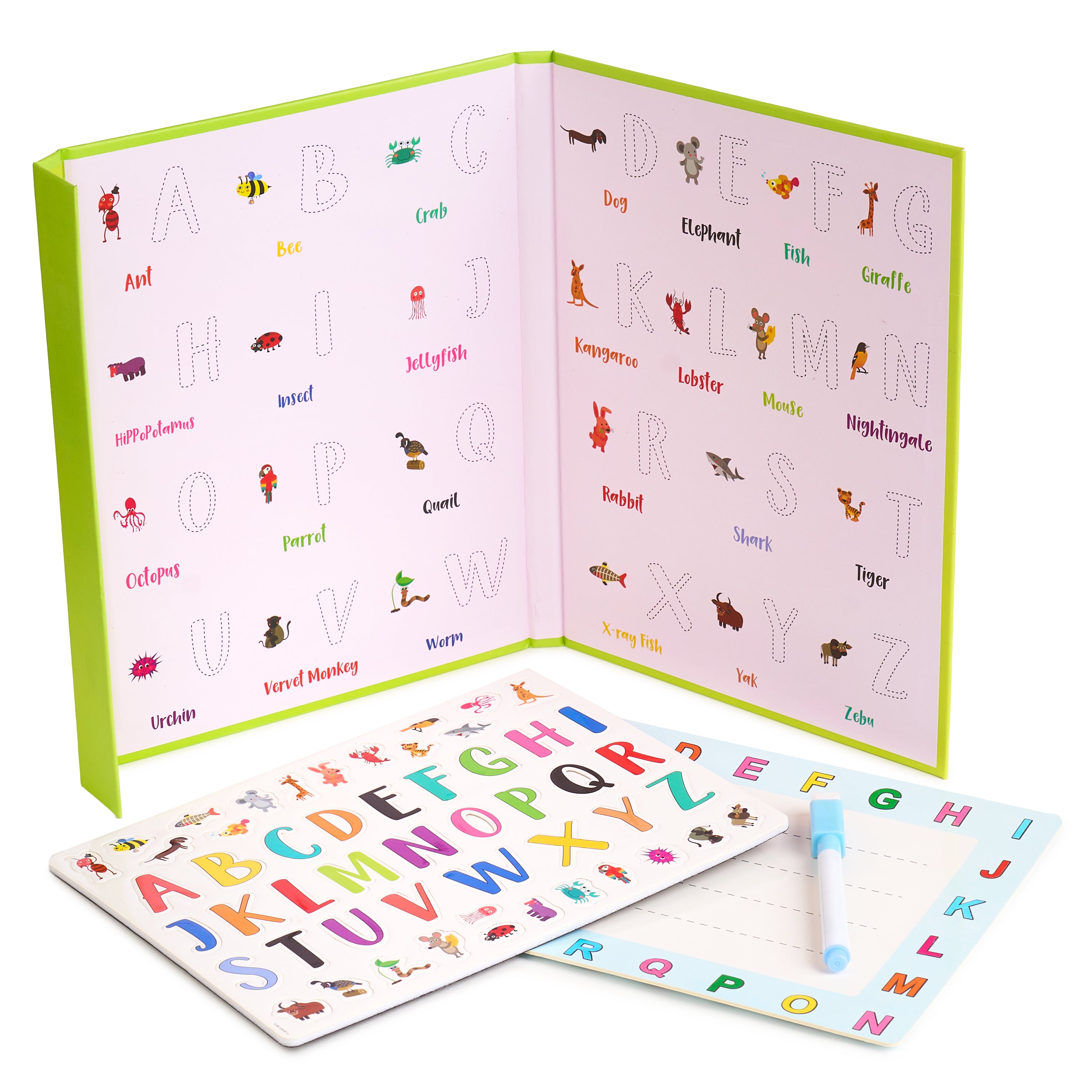 Set educativ pentru invatarea alfabetului, 4 tematici, cu carte magnetica si activitati, piese puzzle si tablita de scris magnetica cu marker inclus