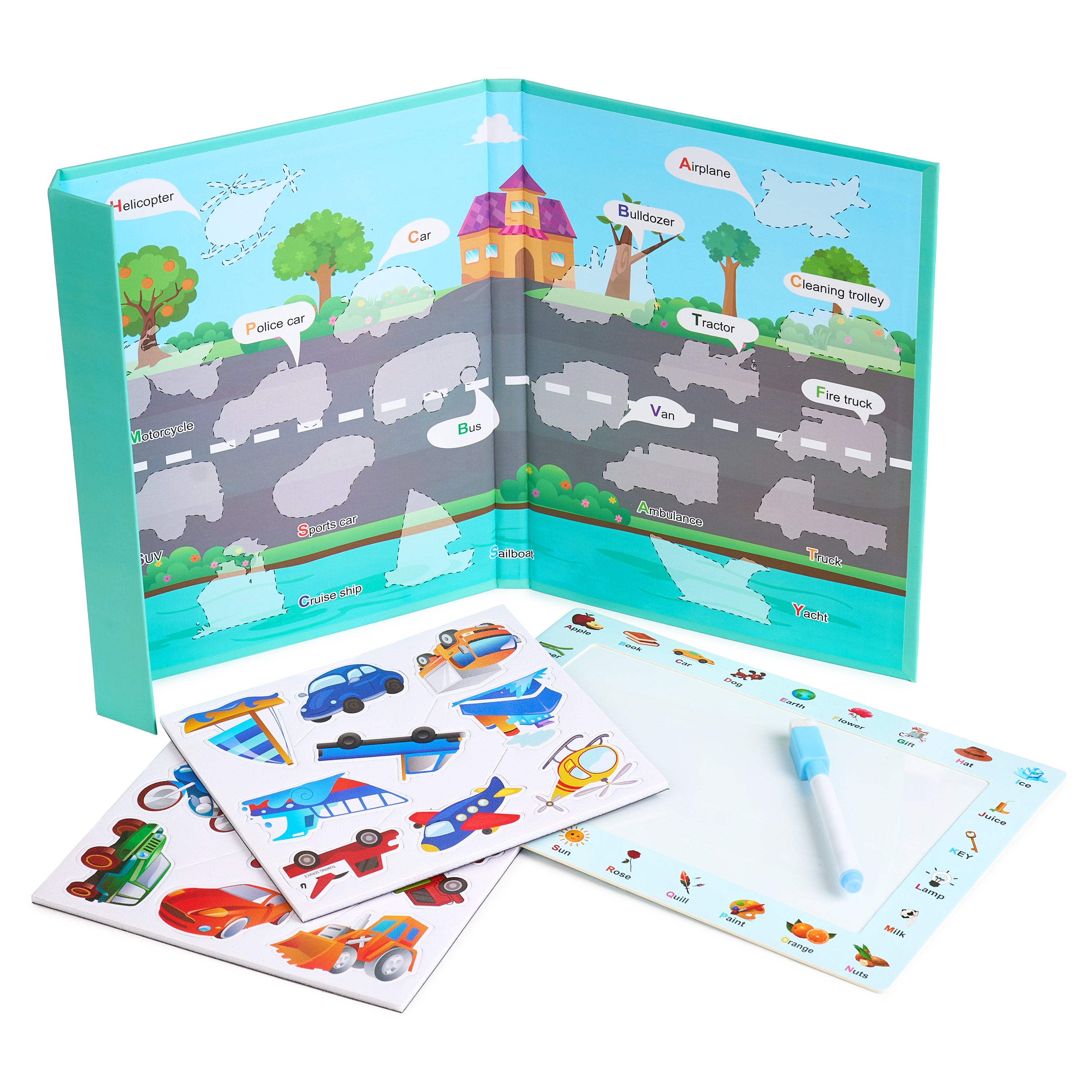 Set educativ pentru invatarea alfabetului, 4 tematici, cu carte magnetica si activitati, piese puzzle si tablita de scris magnetica cu marker inclus