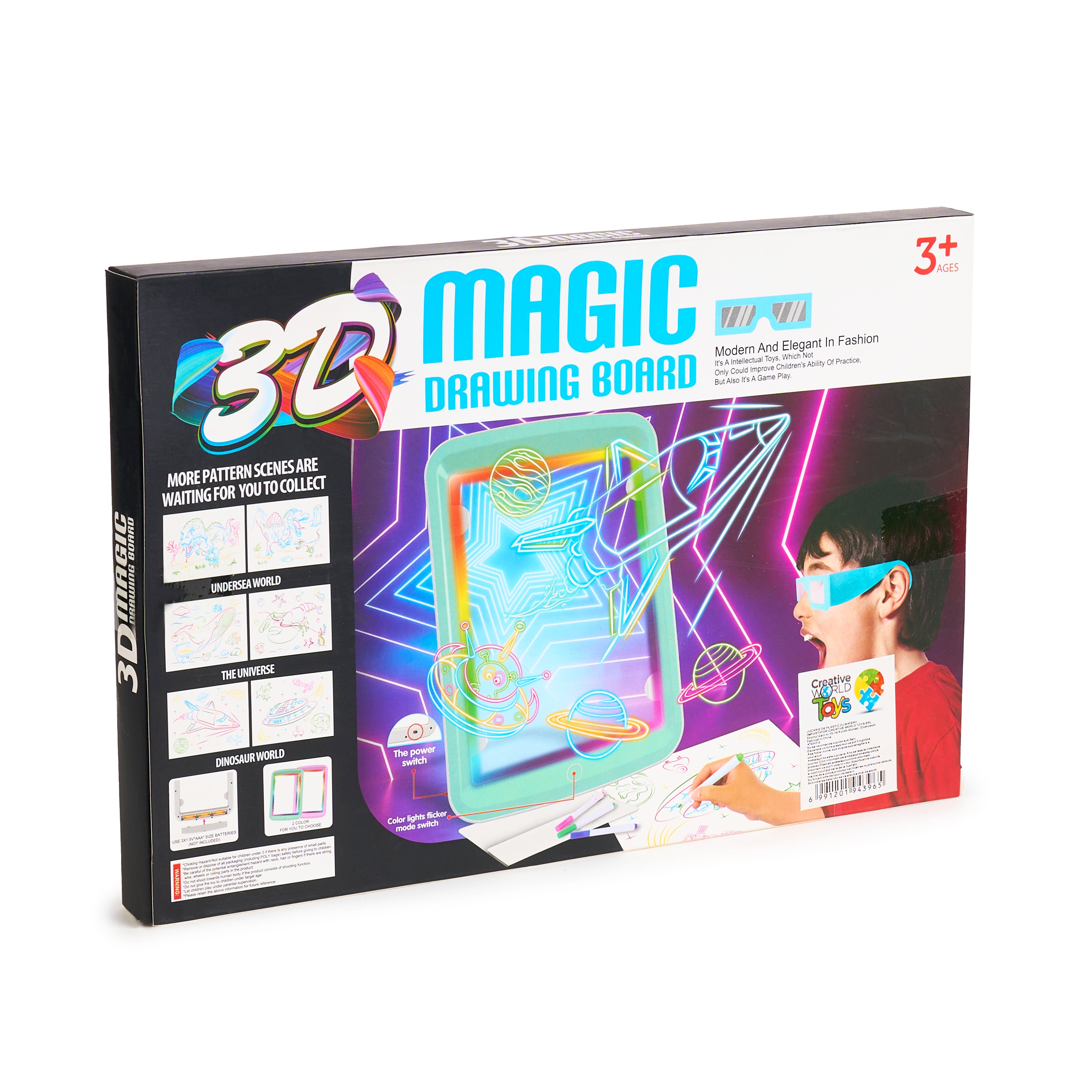 Tabletă magică pentru desen "Magic 3D Drawing Board", efecte de iluminare, modele de desen cu dinozauri, 4 pixuri colorate, dezvoltă creativitatea și imaginația