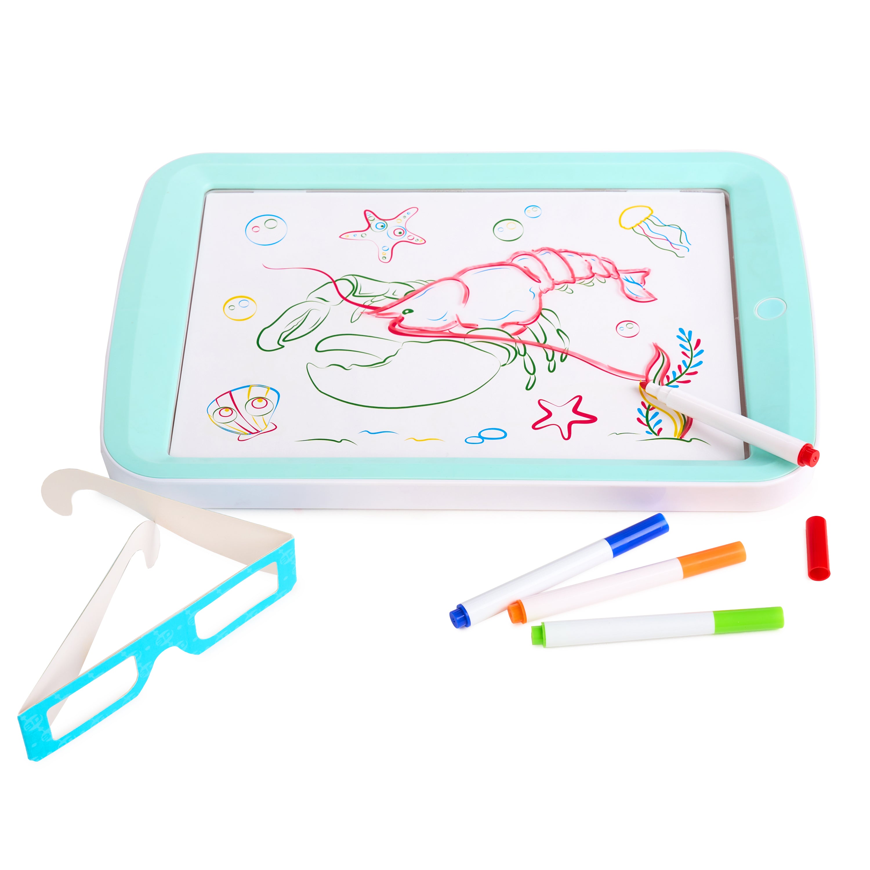 Tabletă magică pentru desen "Magic 3D Drawing Board", efecte de iluminare, modele de desen cu dinozauri, 4 pixuri colorate, dezvoltă creativitatea și imaginația