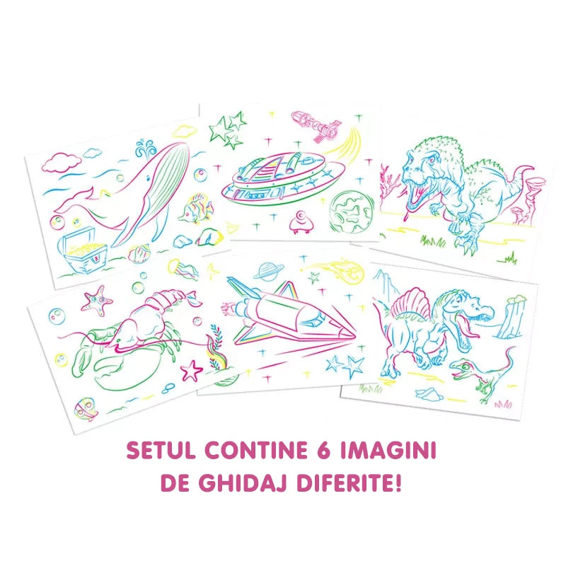 Tabletă magică pentru desen "Magic 3D Drawing Board", efecte de iluminare, modele de desen cu dinozauri, 4 pixuri colorate, dezvoltă creativitatea și imaginația