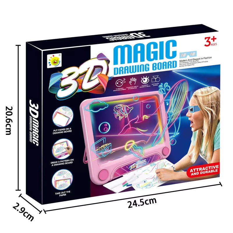 Tabletă magică pentru desen "Magic 3D Drawing Board", efecte de iluminare, modele de desen cu dinozauri, 4 pixuri colorate, dezvoltă creativitatea și imaginația